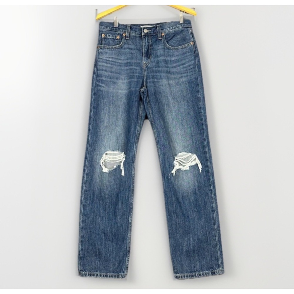 Levi's Low Pro Straight Jeans Womens 28 Blue Distressed Frayed Hem Denim